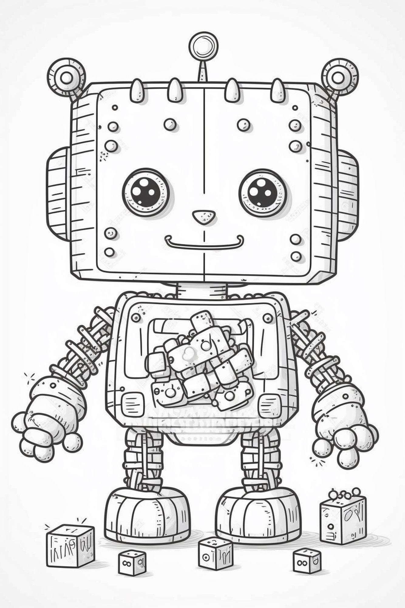 Раскраска для детей: маленький робот с игрушкой в руке