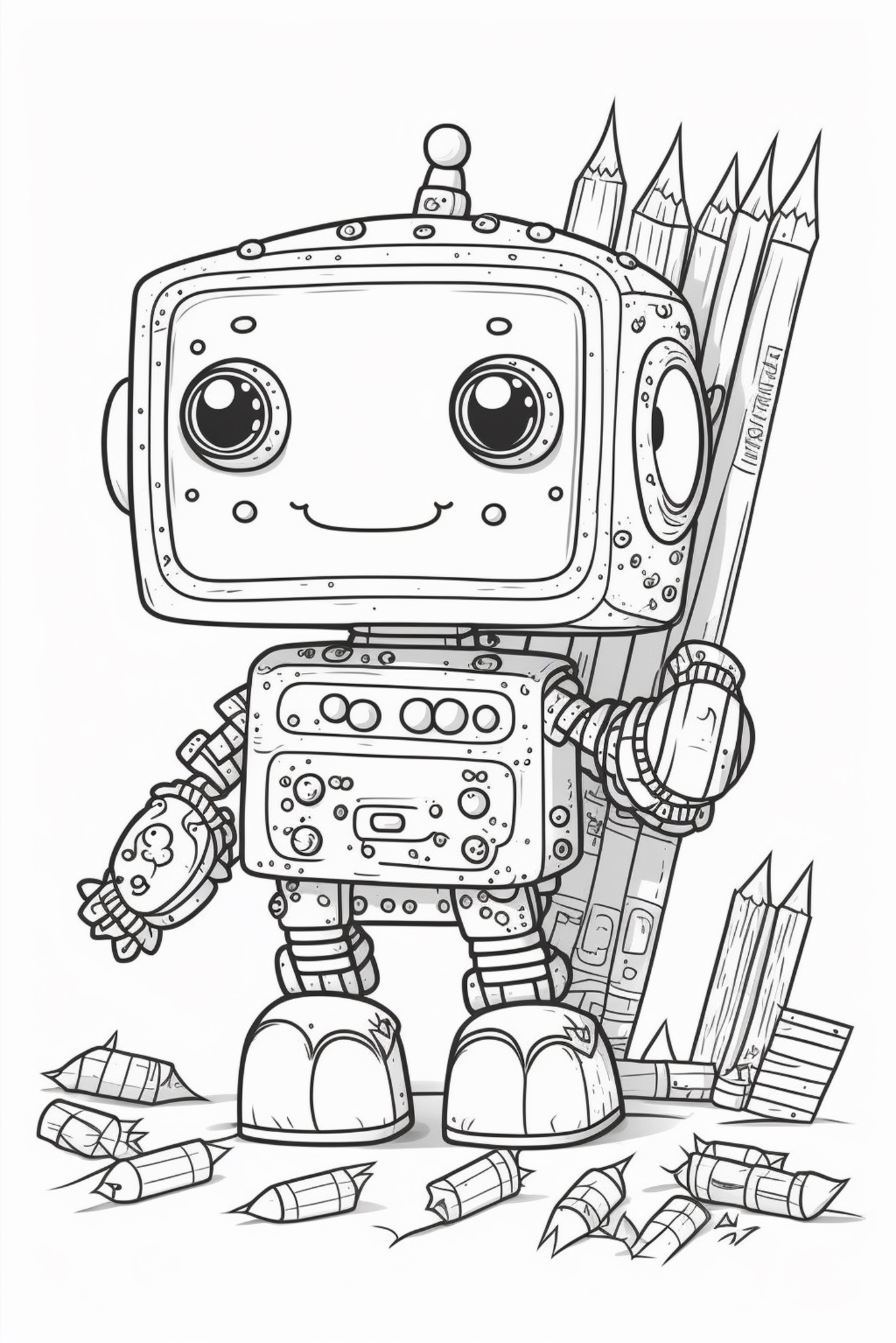 Раскраска для детей: робот с карандашами