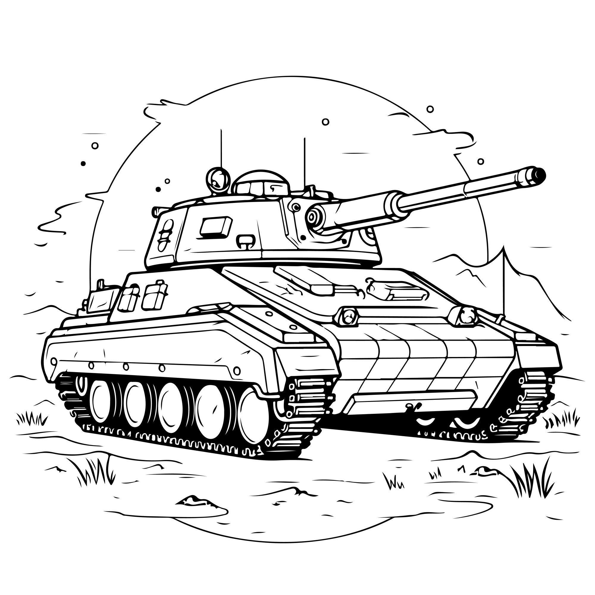Раскраска для детей: военный танк в горах