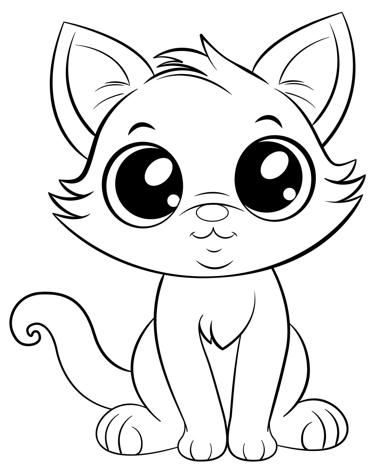 Раскраска для детей: нежная кошка с большими глазами