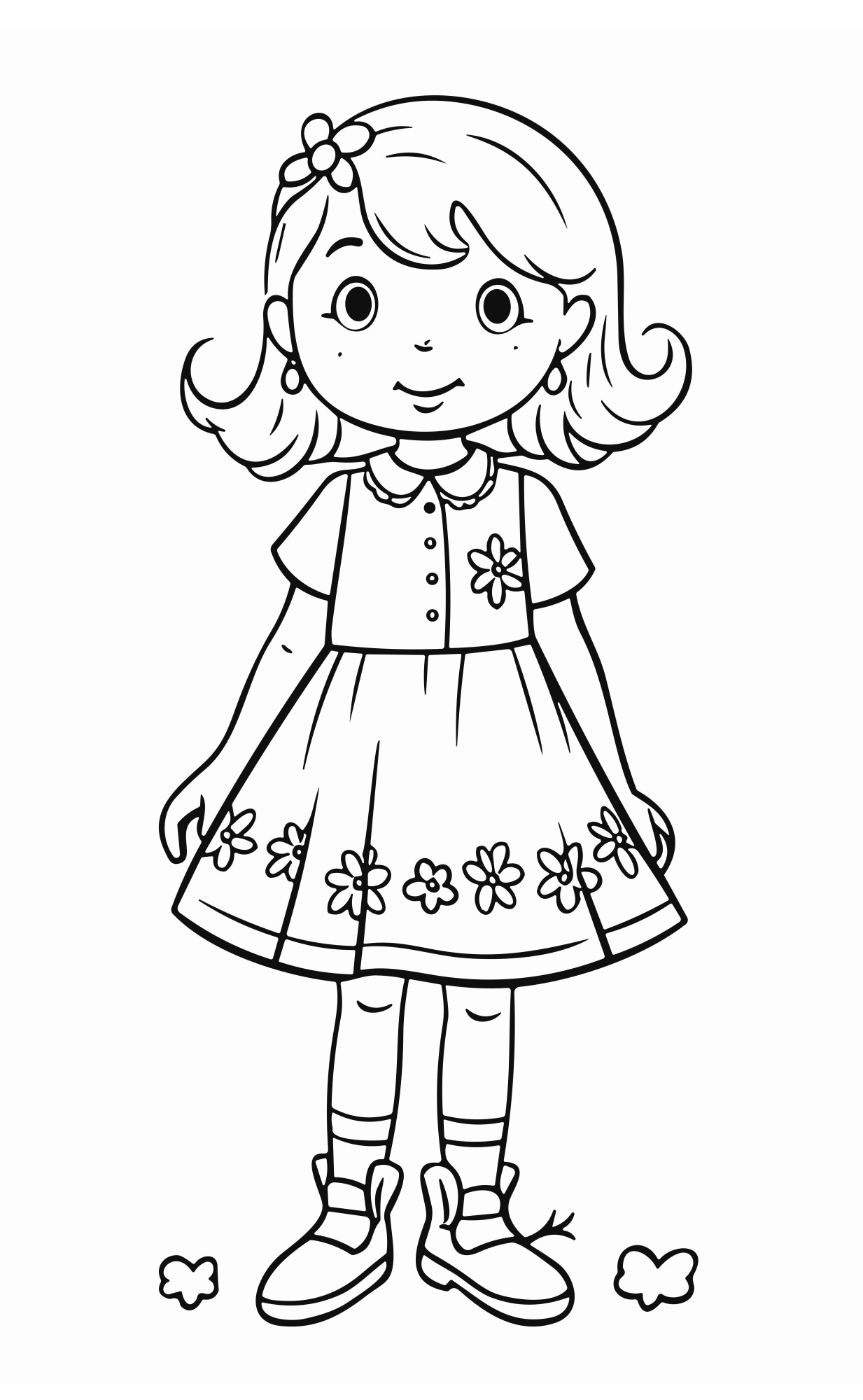 Раскраска для детей: милая кукла девочки с юбкой в ромашку