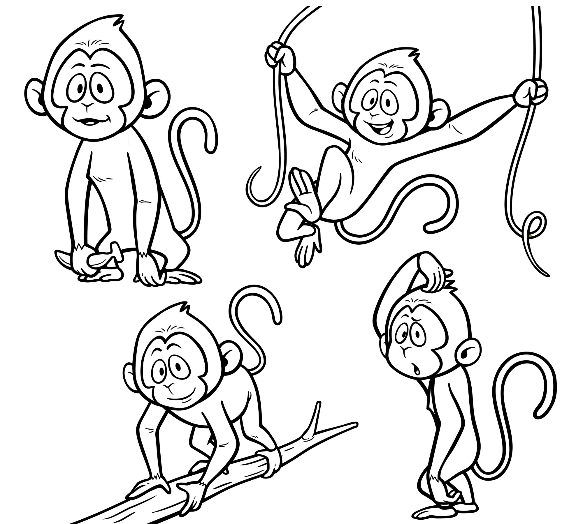 Раскраска для детей: набор картинок играющих обезьян