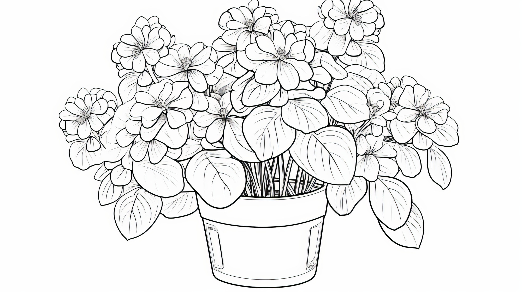 Раскраска для детей: комнатный цветок гортензии в цветочном горшке