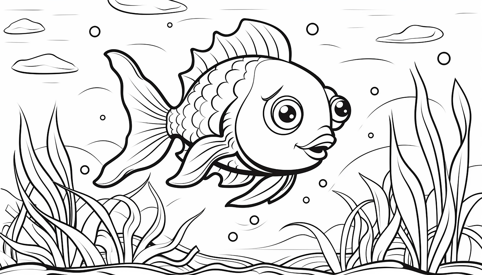 Раскраска для детей: рыба в озере на фоне водорослей