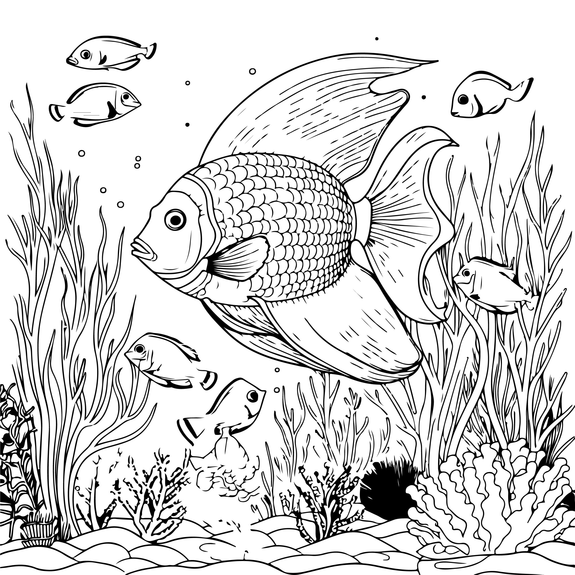 Раскраска для детей: рыбы в водорослях «Морская гармония»