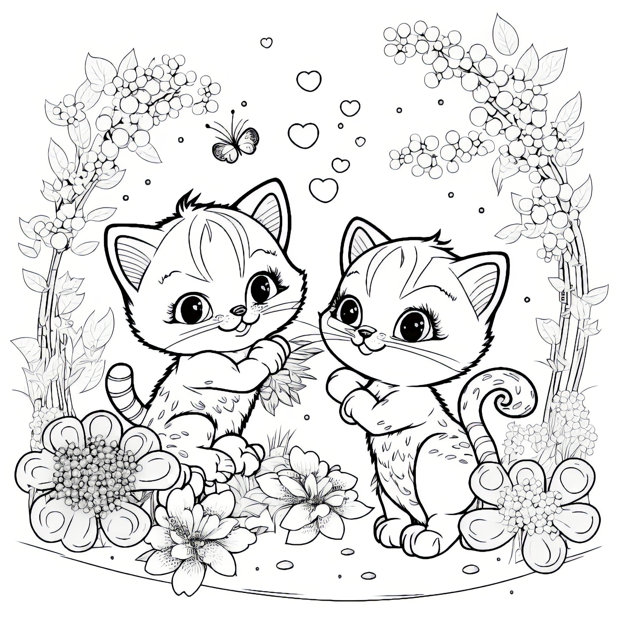 Раскраска для детей: антистрессовые котята в саду