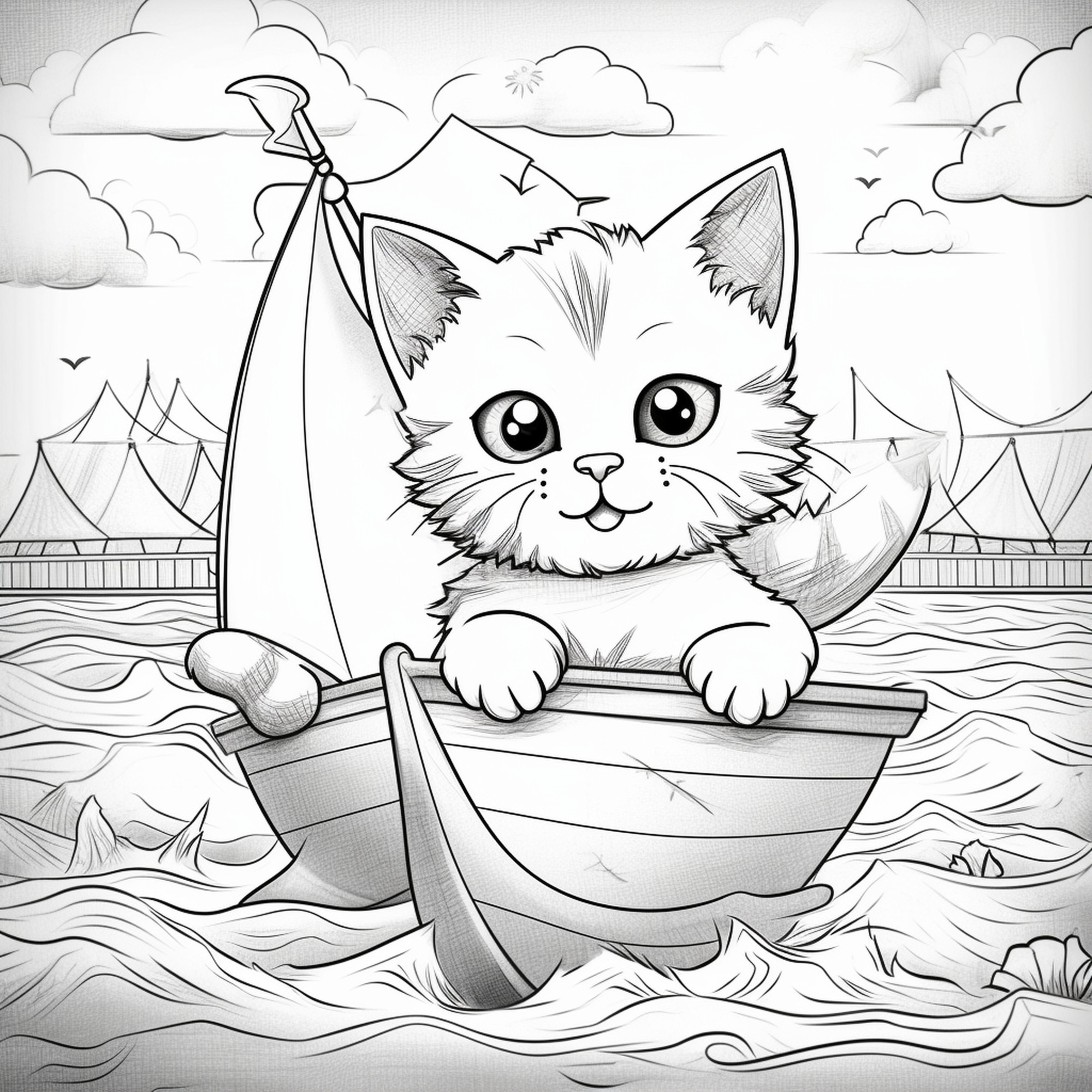 Раскраска для детей: котенок плывет на лодке в море