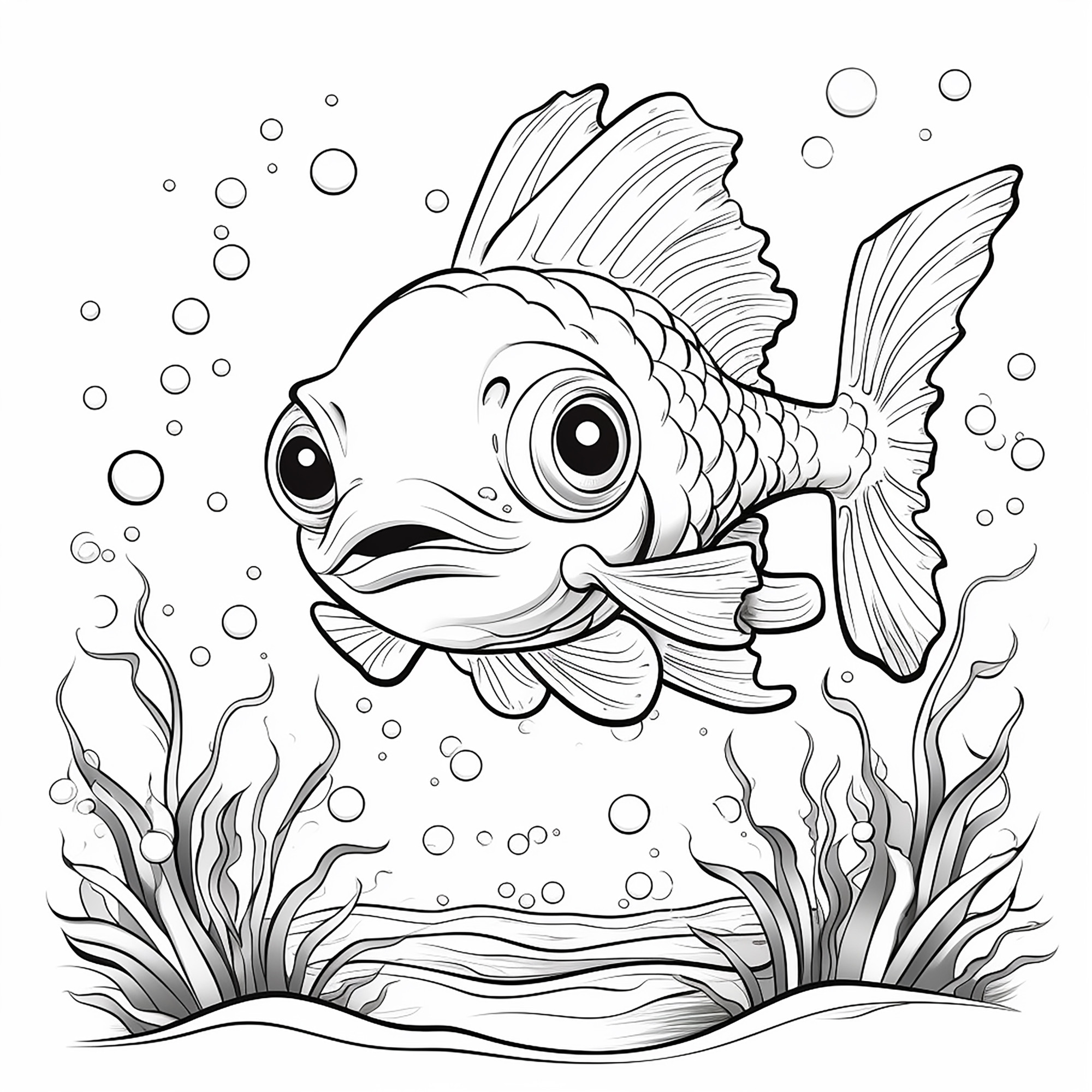 Раскраска для детей: рыба с выпученными глазами и большим плавником