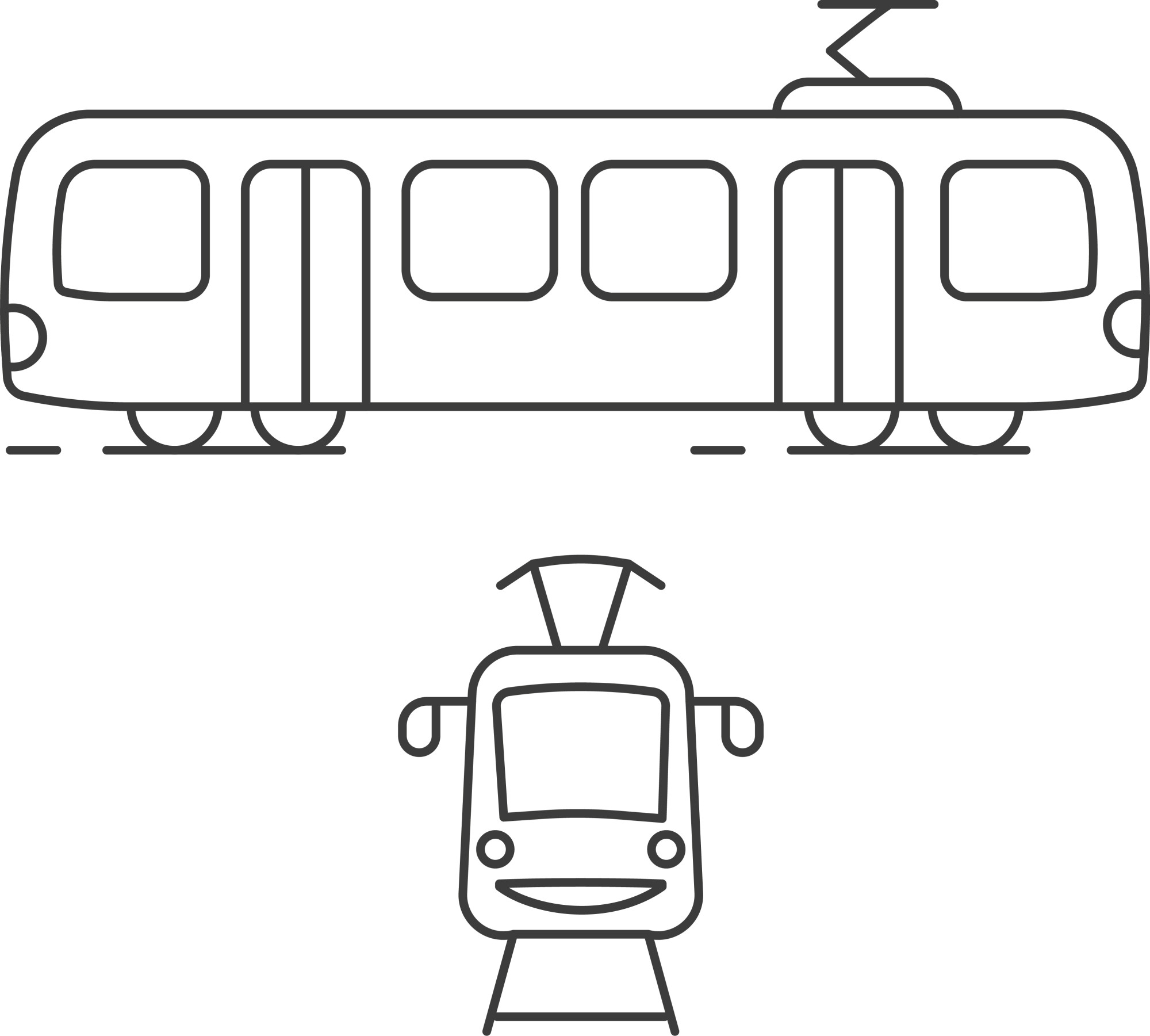 Раскраска для детей: трамвай вид в профиль и спереди