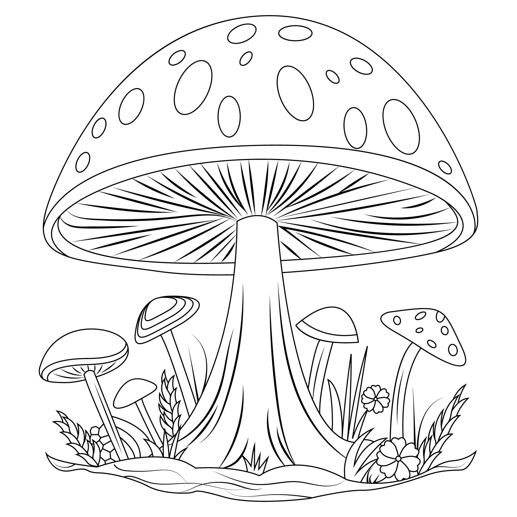 Раскраска для детей: рисунок грибы на поляне