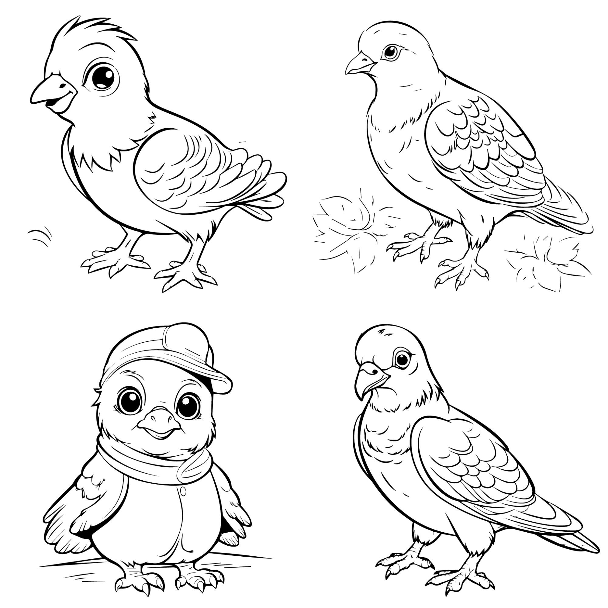 Раскраска для детей: набор мультяшных птиц голуби