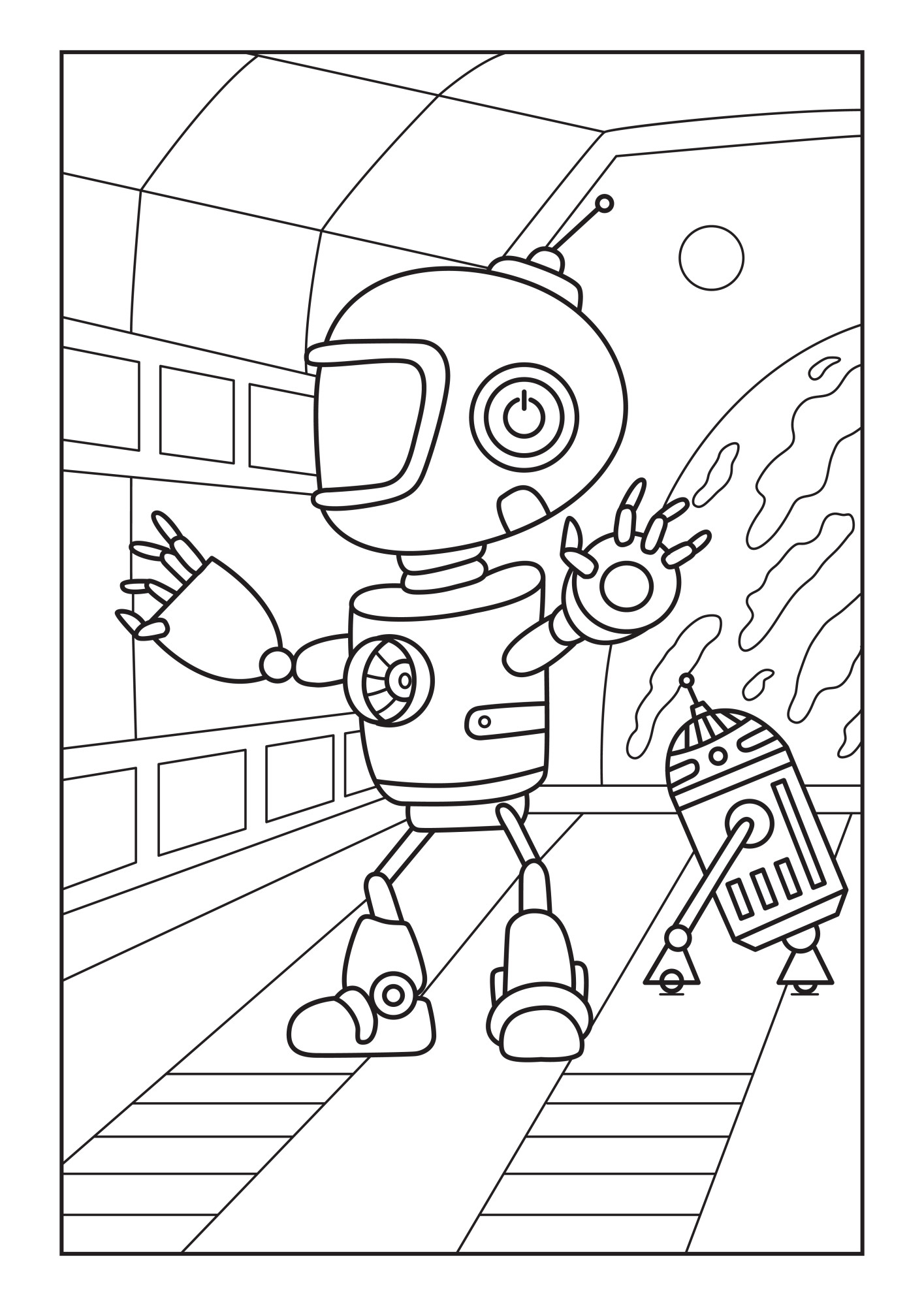 Раскраска для детей: робот в скафандре на космической станции