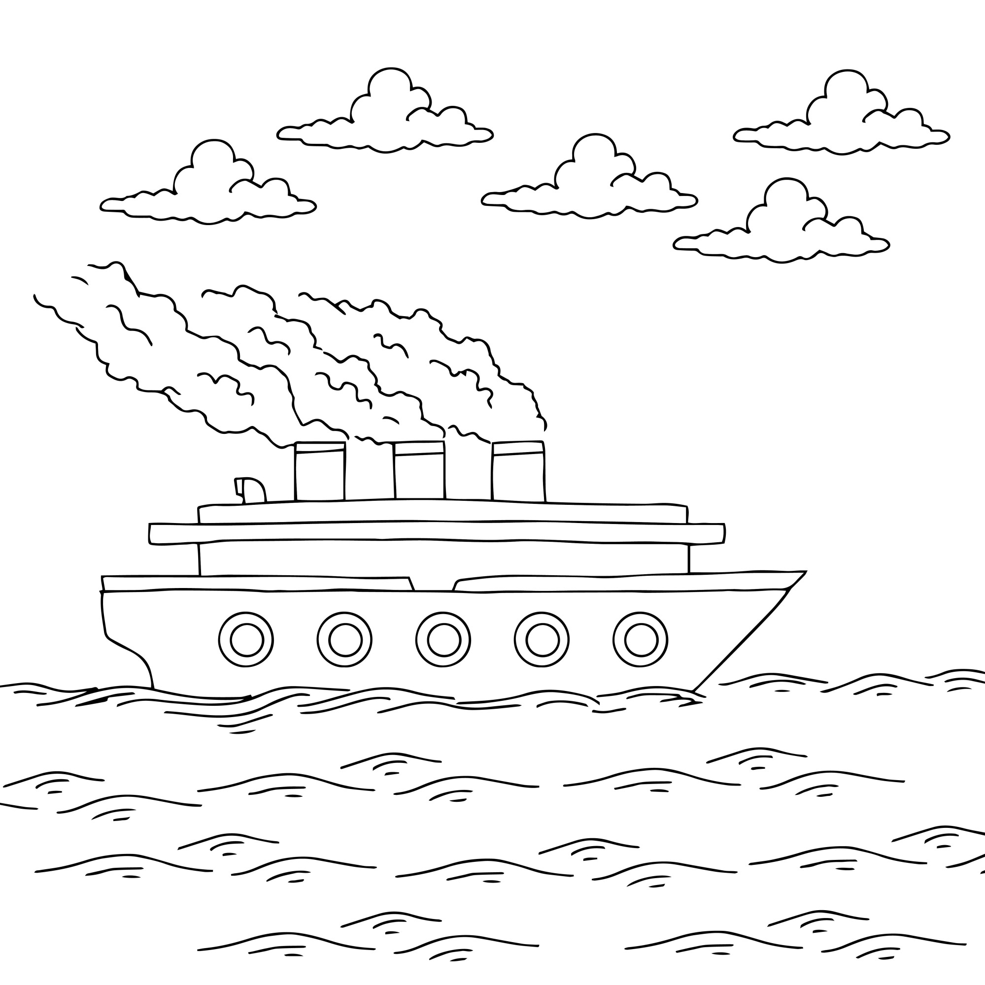 Раскраска для детей: корабль теплоход с большими трубами
