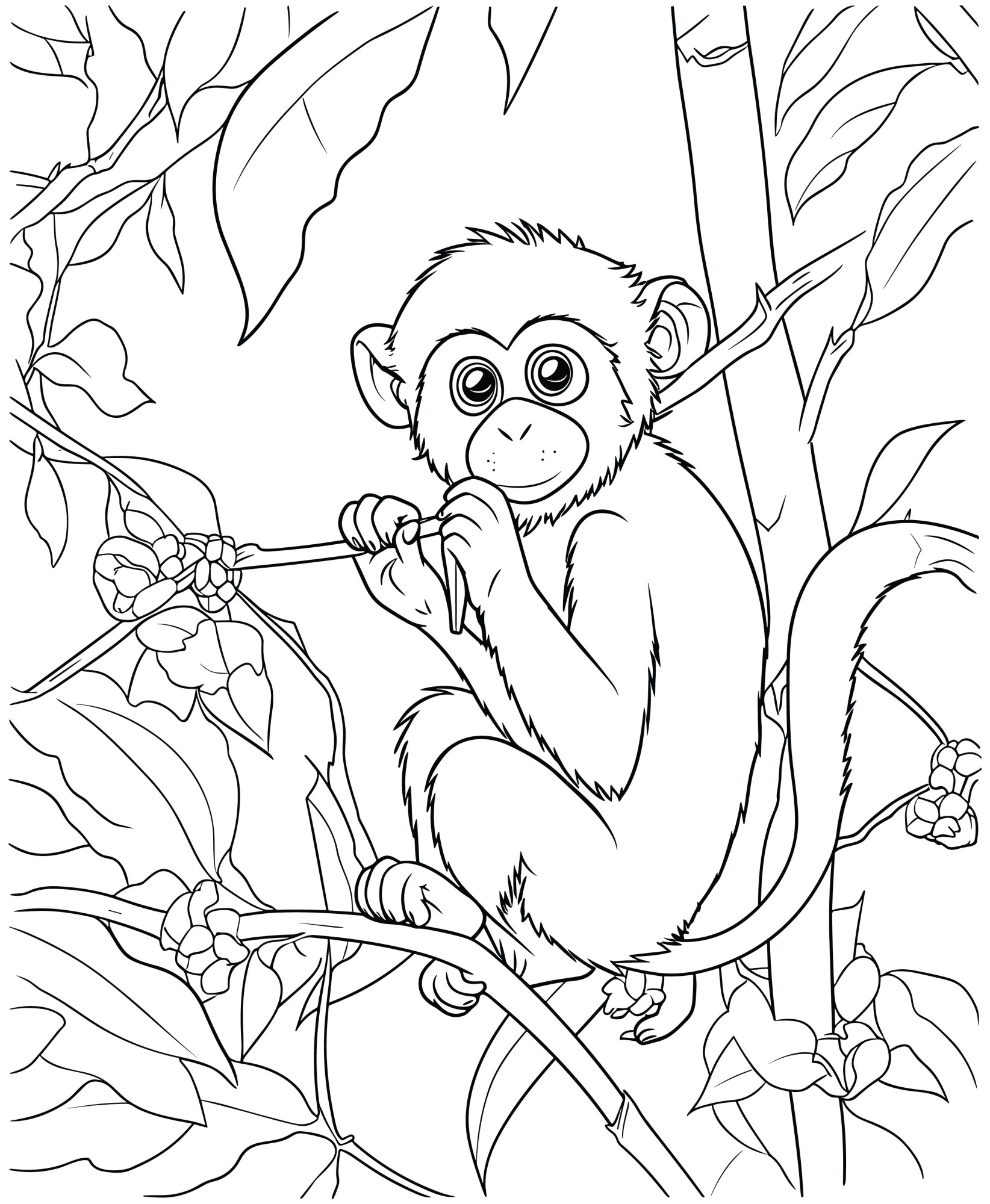 Раскраска для детей: ловкая обезьяна сидит на ветке дерева