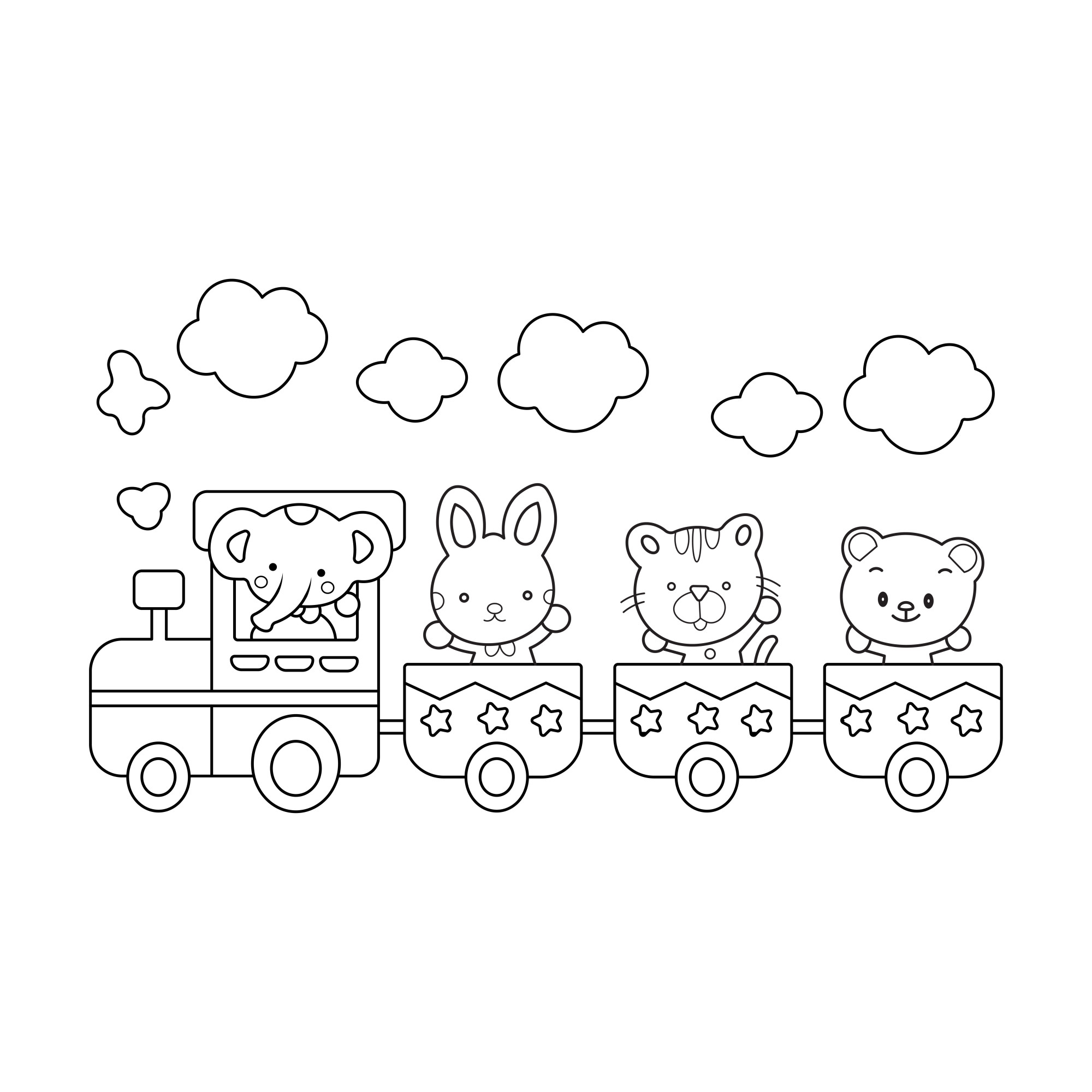 Раскраска для детей: маленькие животные едут на поезде