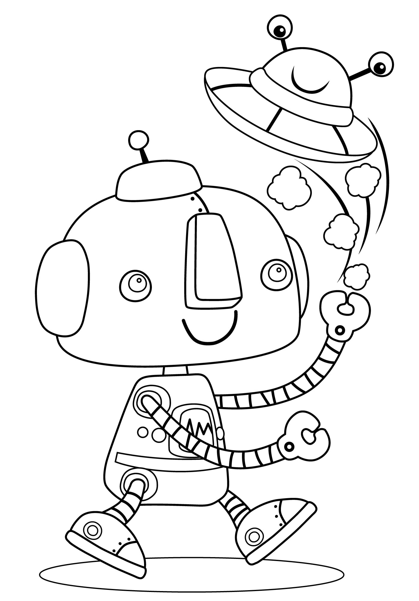Раскраска для детей: робот-друг и робот-тарелка