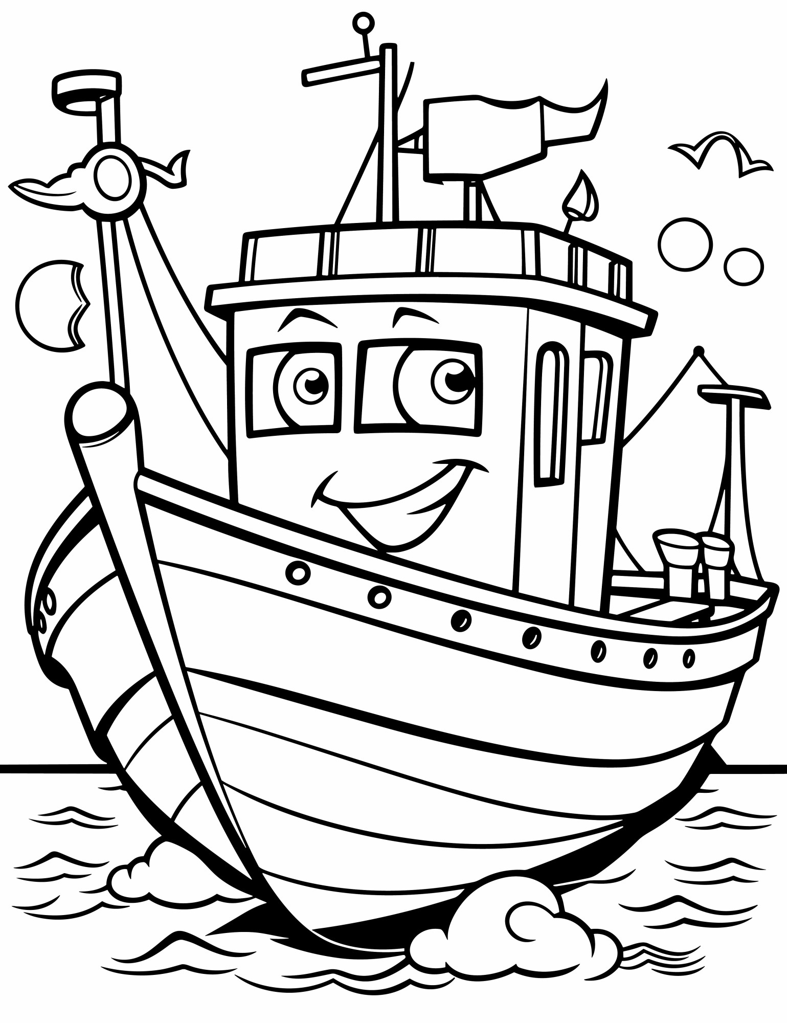 Раскраска для детей: красивый мультяшный корабль с лицом