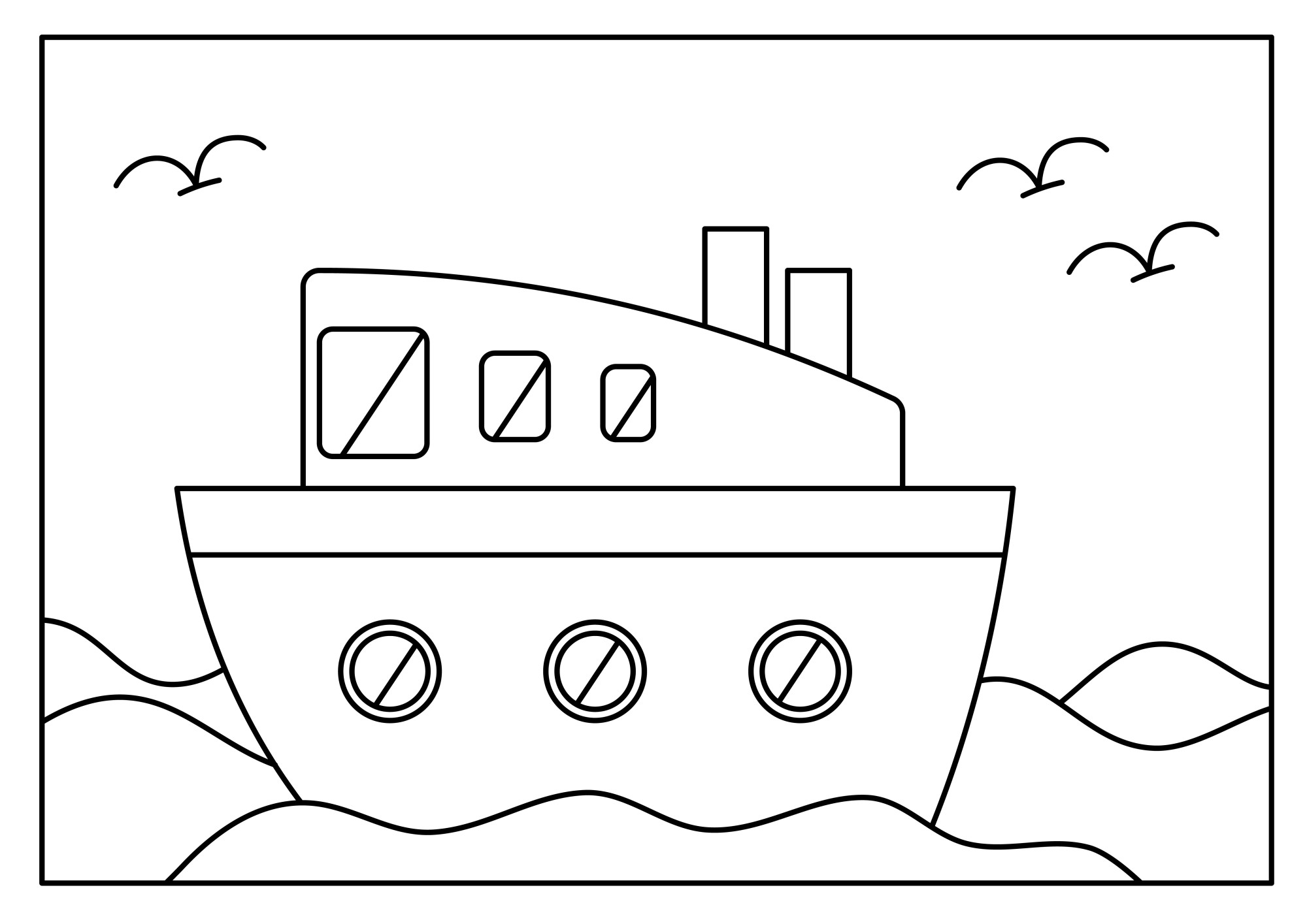 Раскраска для детей: корабль море на фоне неба с чайками