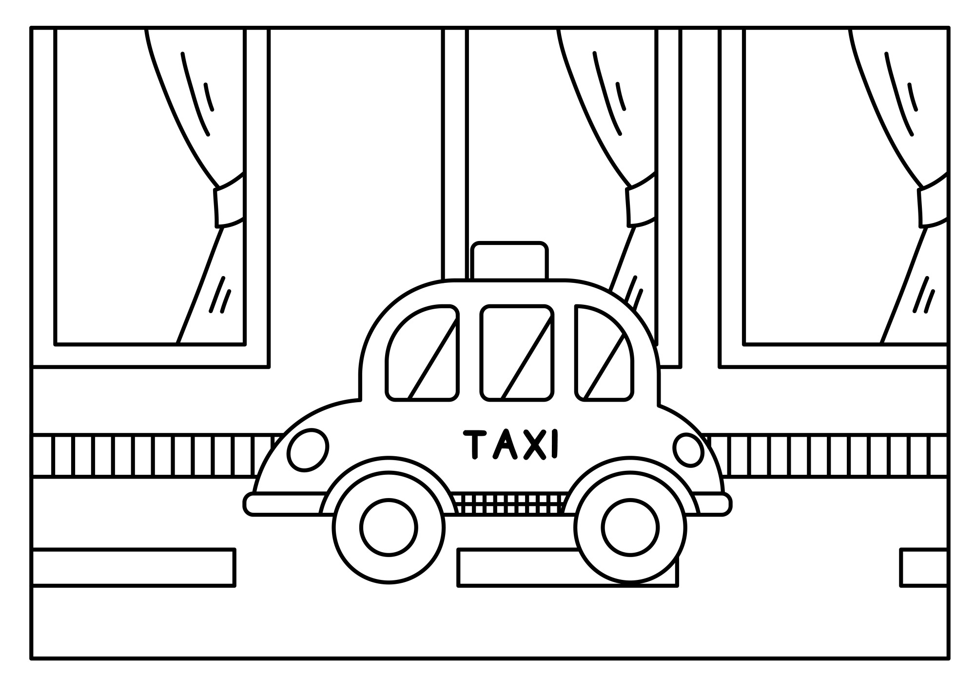 Раскраска для детей: такси стоит у зданий