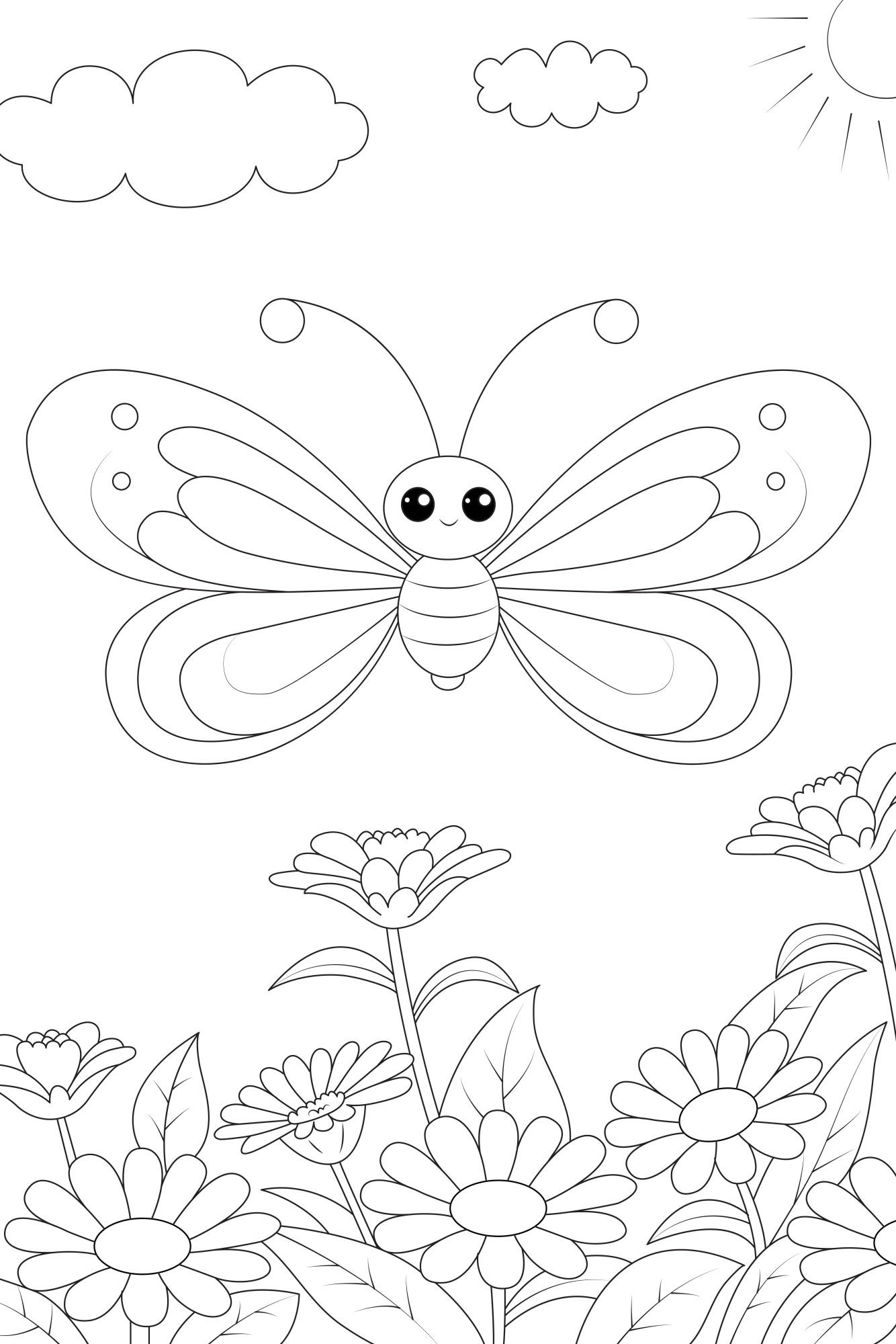 Раскраска для детей: бабочка и цветы в солнечный день