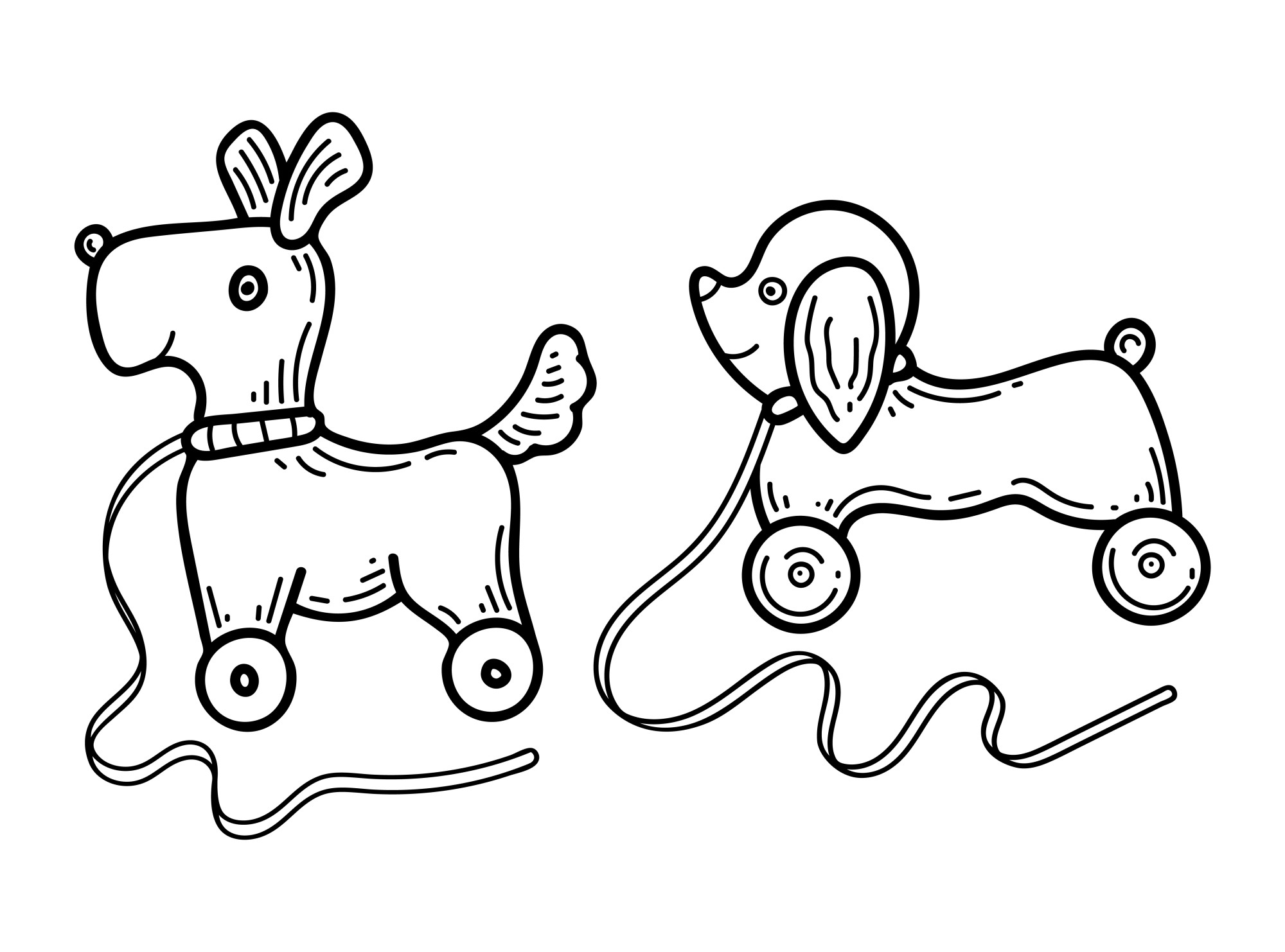 Раскраска для детей: детские игрушки собачки на колесиках