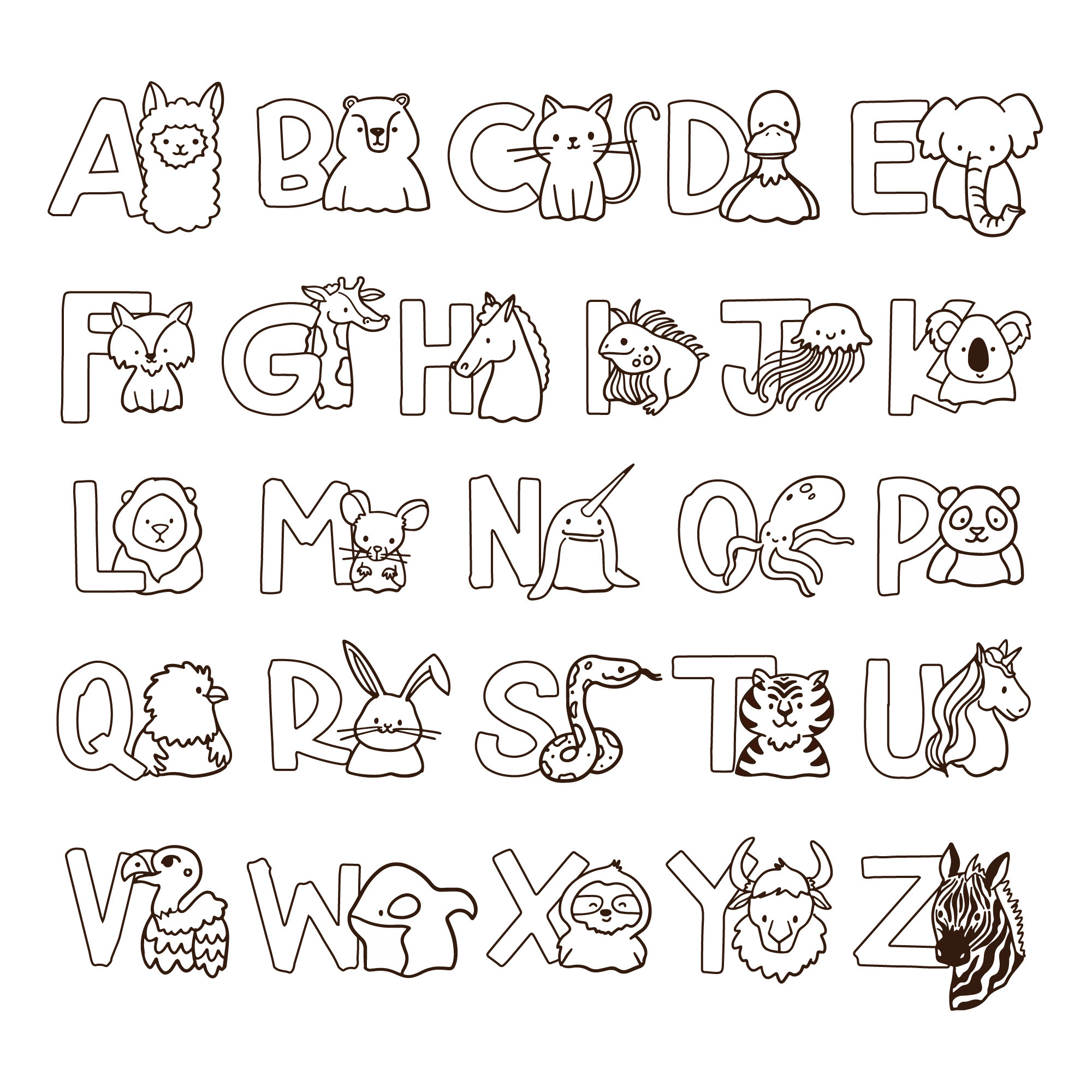 Раскраска для детей: английский алфавит с милыми животными