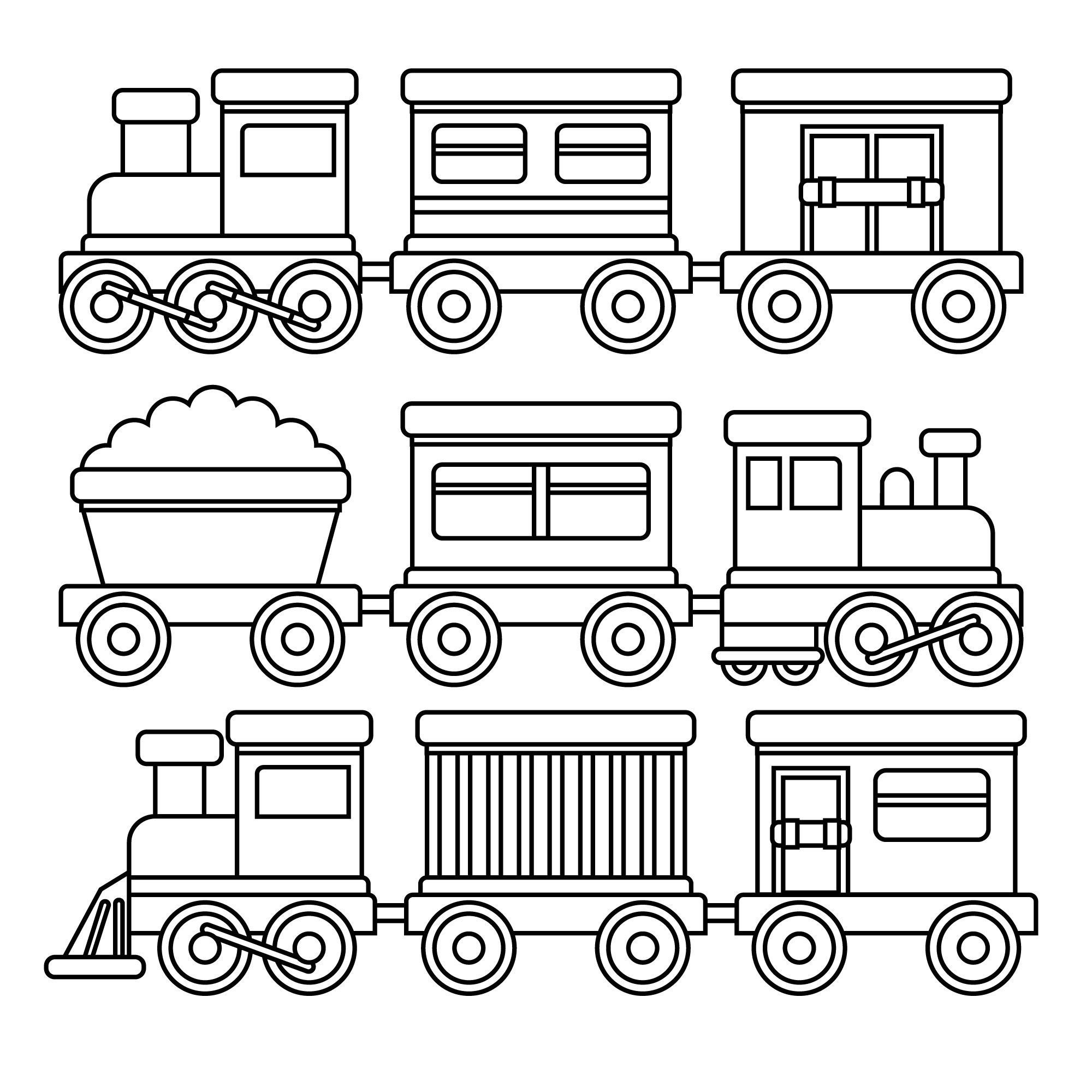 Раскраска для детей: набор игрушечных поездов с вагонами
