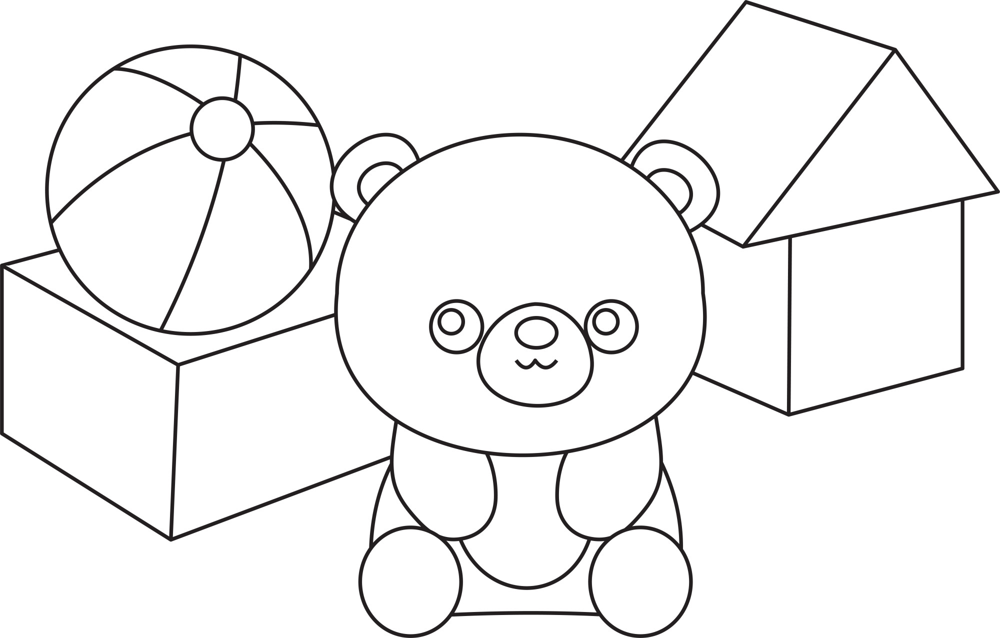 Раскраска для детей: игрушки детские: мишка, мячик и кубики