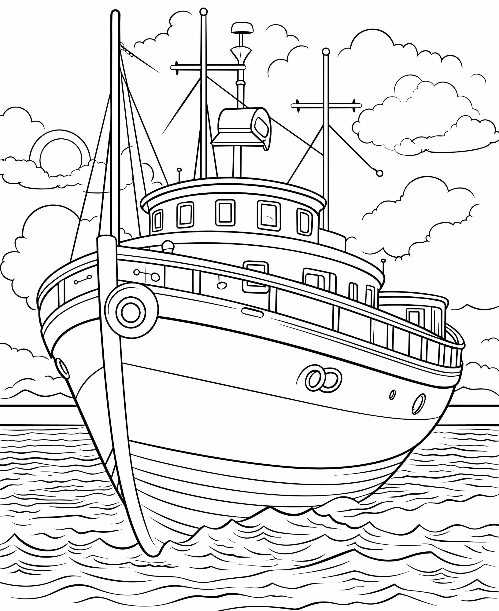 Раскраска для детей: корабль в море «Лазурные глубины»