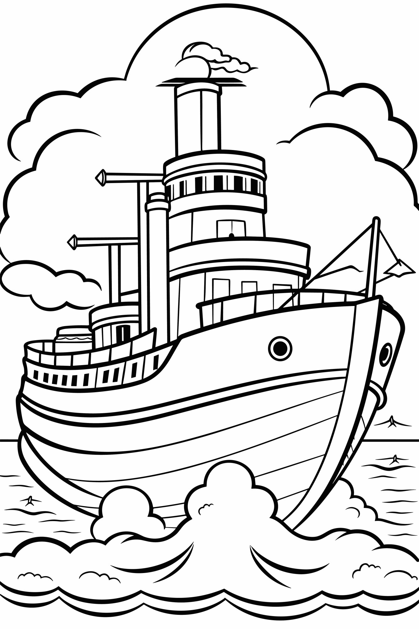 Раскраска для детей: большой корабль теплоход плывет по реке