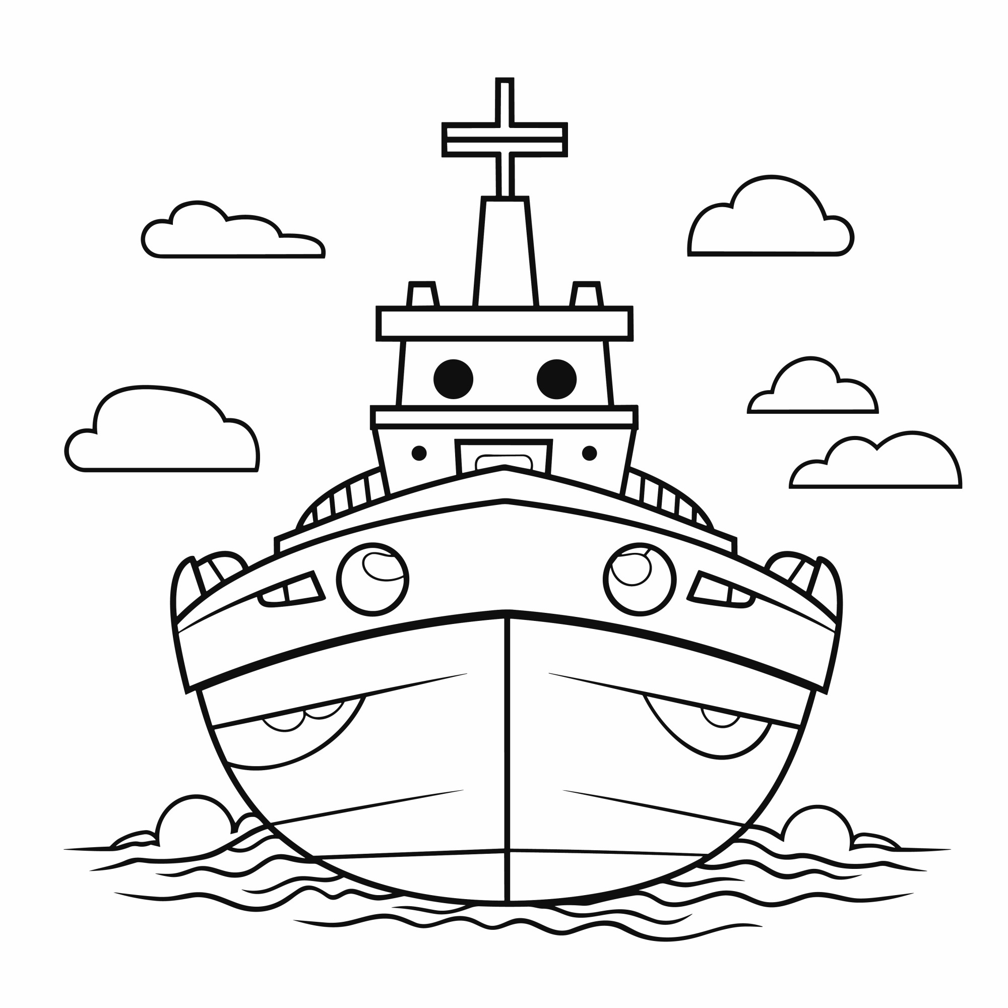 Раскраска для детей: корабль идет по морю на фоне облаков