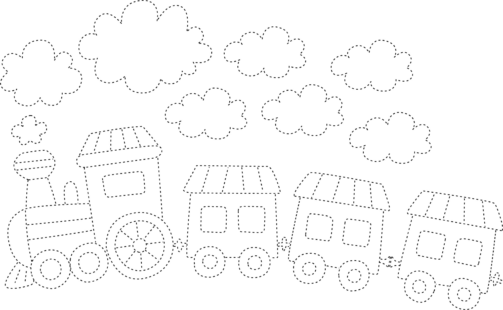 Раскраска для детей: поезд с тремя вагонами по точкам