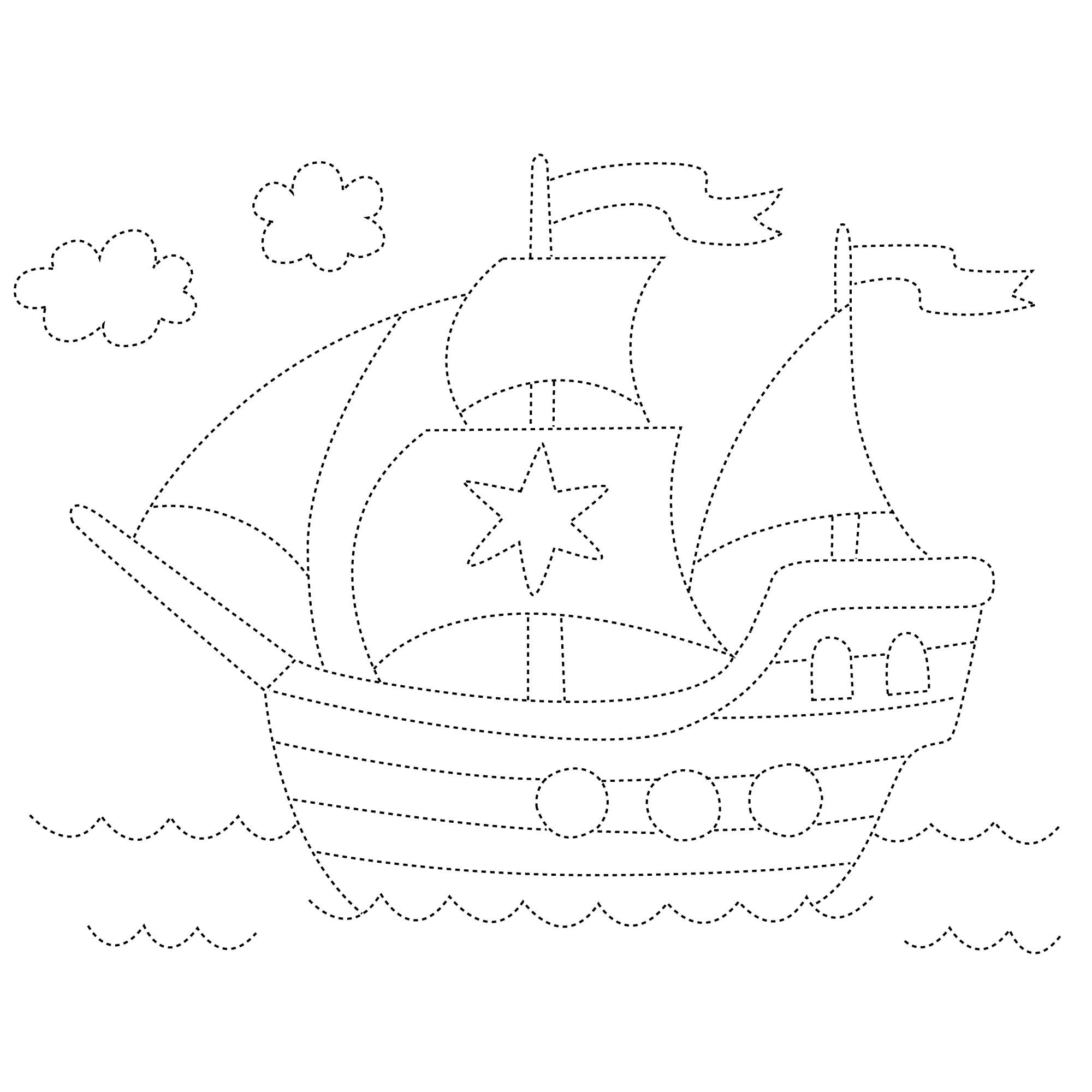 Раскраска для детей: корабль по точкам со звездой на парусе