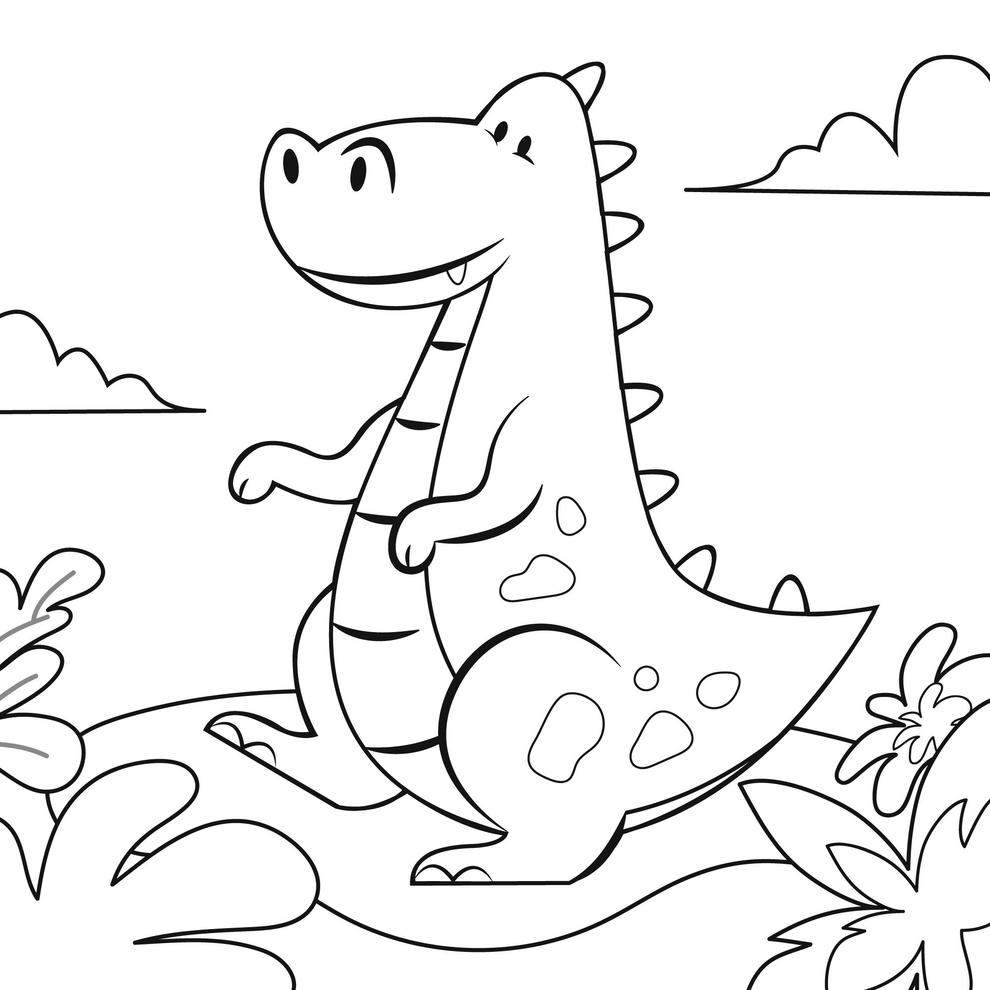 Раскраска для детей: динозавр Рекс сидит на поляне