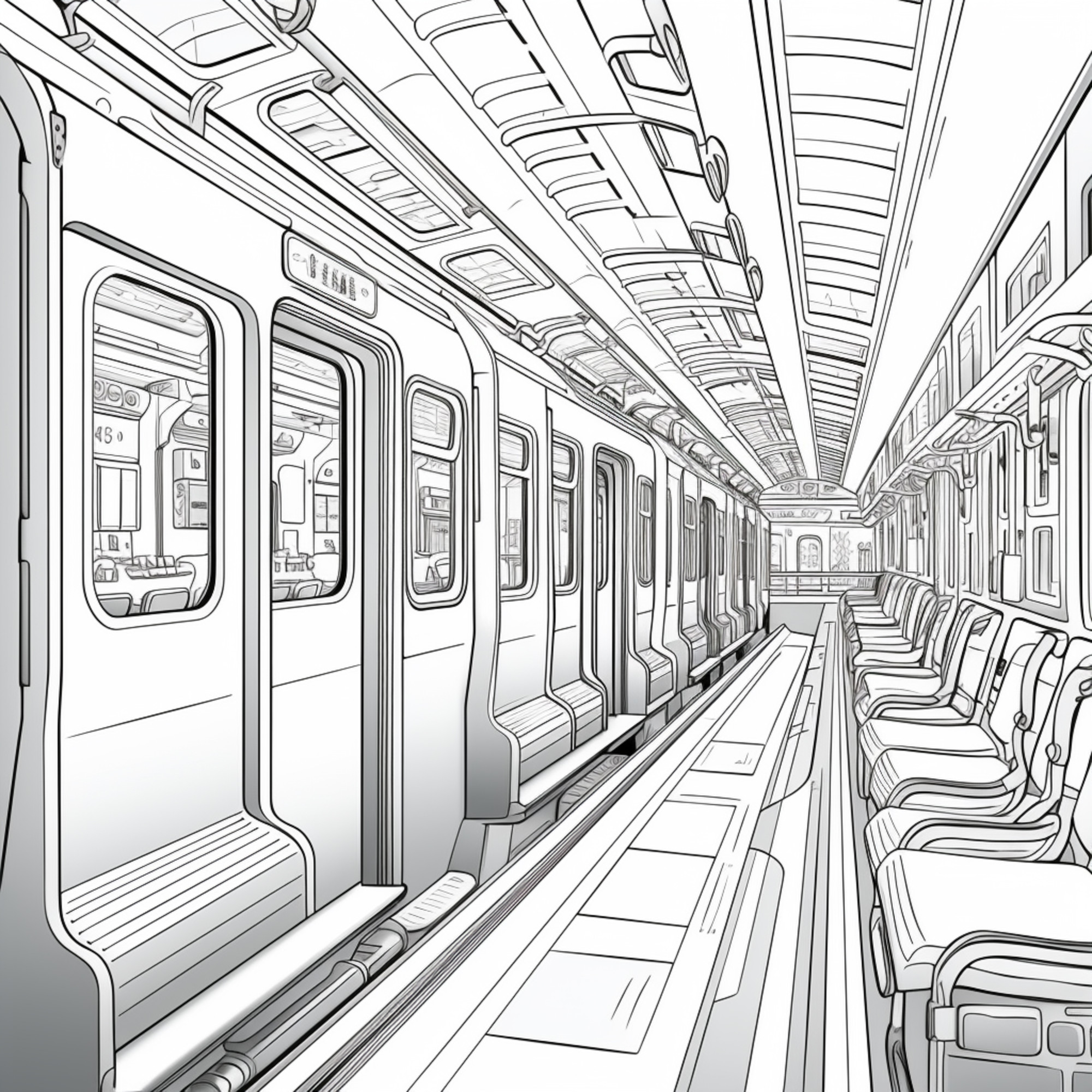 Раскраска для детей: вагон метро с сиденьями