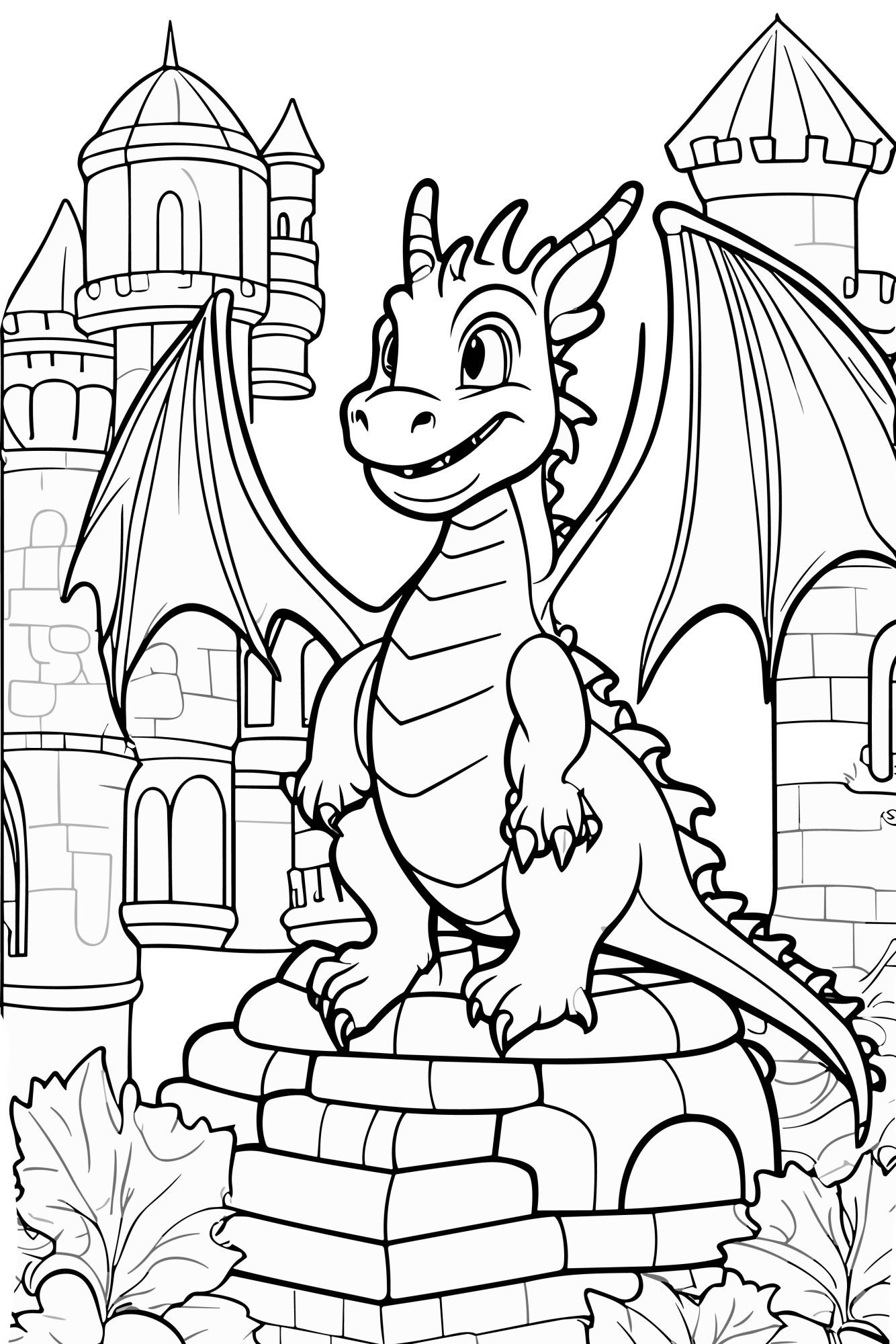 Раскраска для детей: сказочный дракон сидит у замка