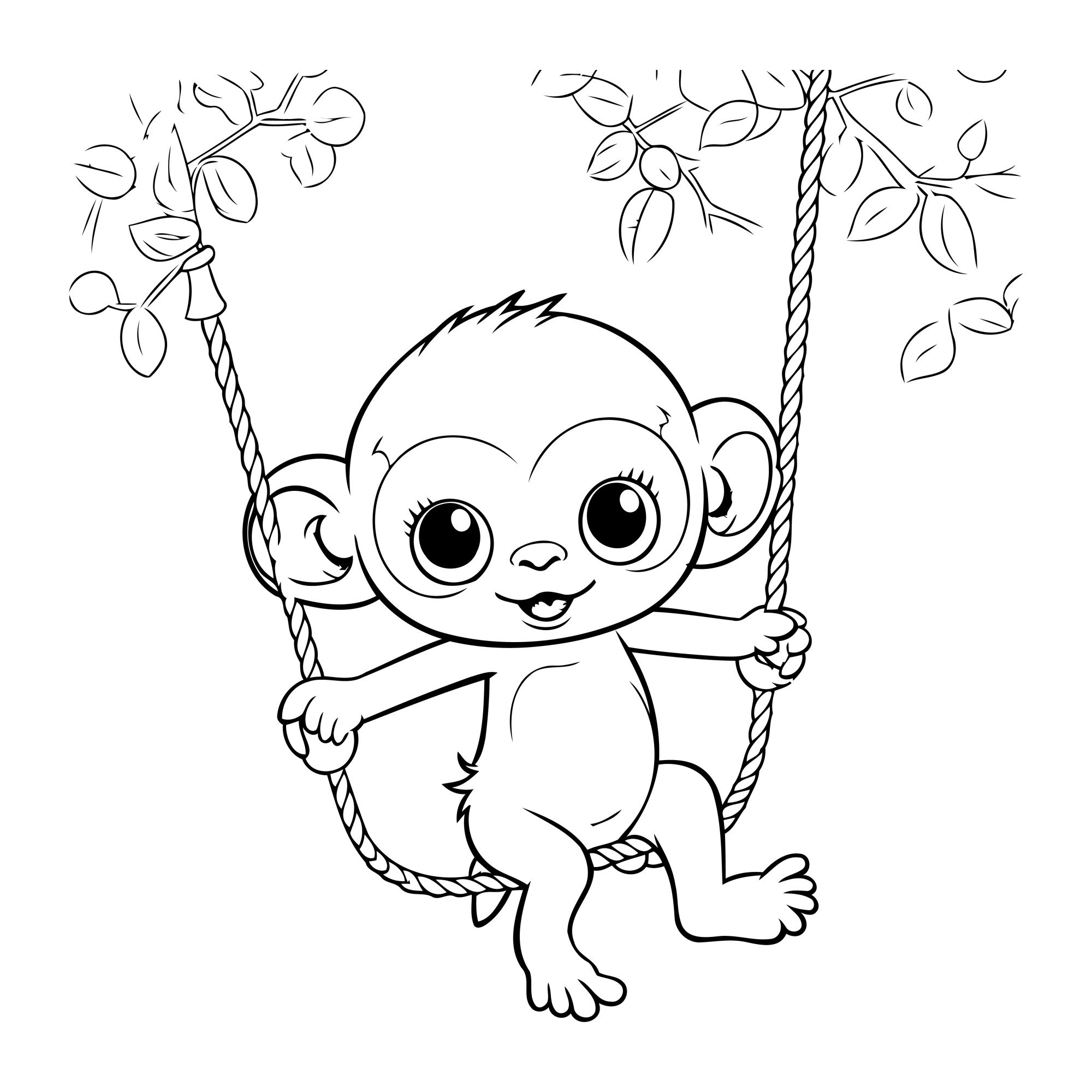 Раскраска для детей: милая обезьянка катается на веревке