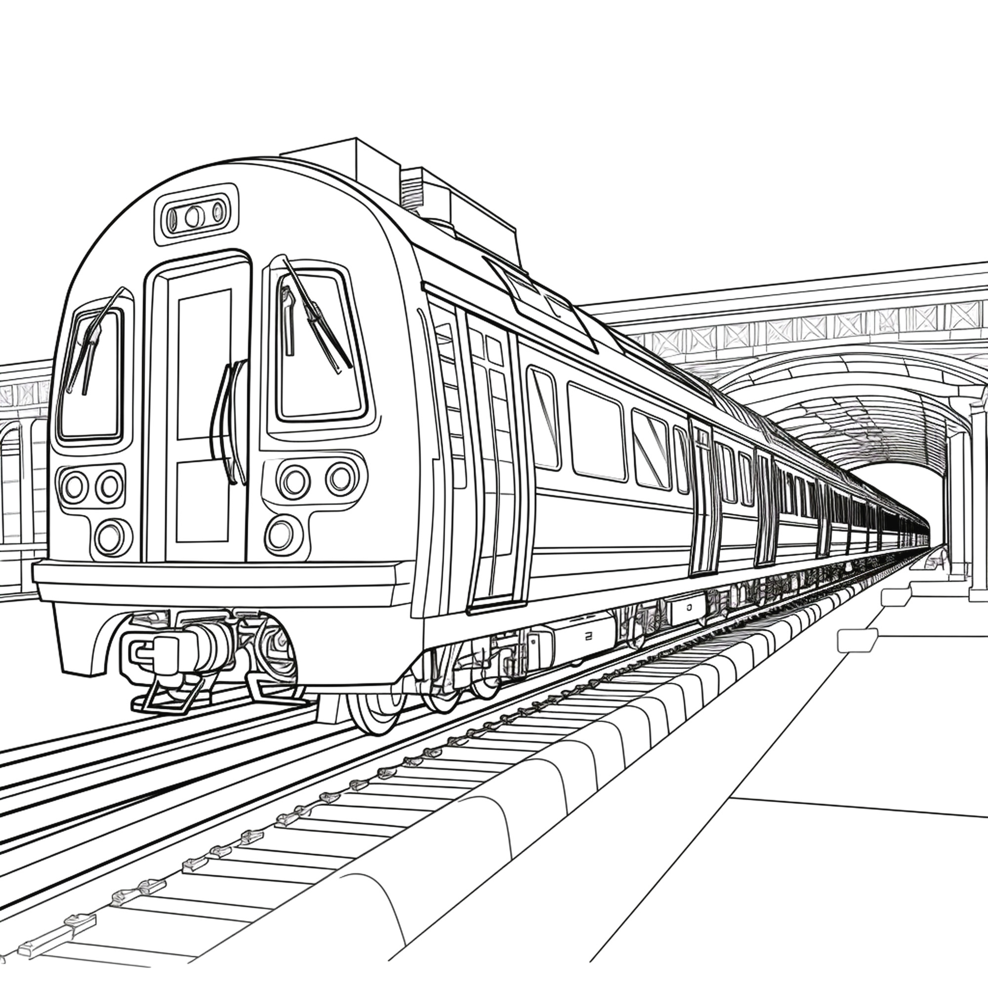 Раскраска для детей: поезд стоит на станции в метро