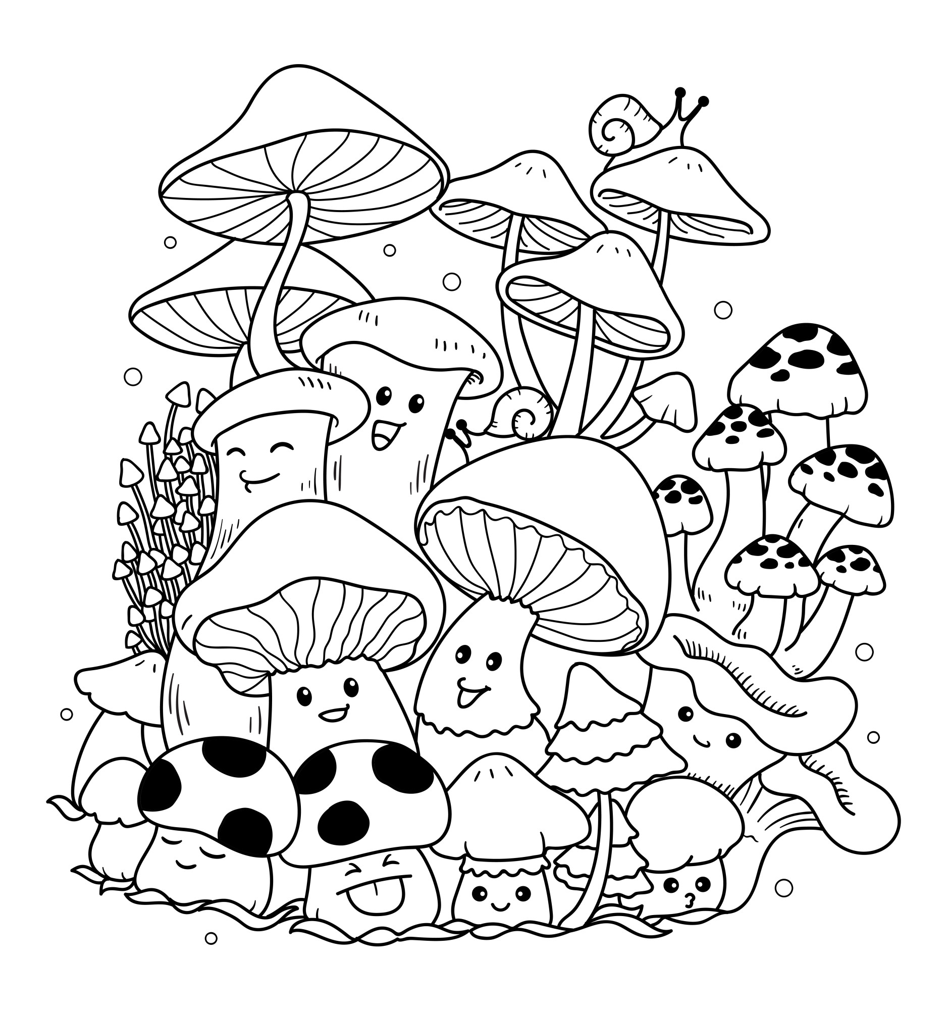 Раскраска для детей: маленькие хитрые грибы на осенней поляне