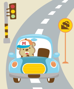 Раскрашенная картинка: мишка едет по дороге за рулем такси