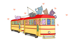 Раскрашенная картинка: трамвай с кошками
