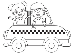 Раскраска радостные дети едут на такси