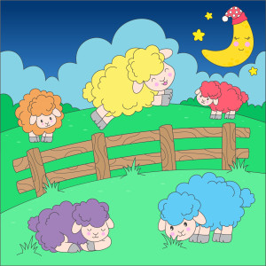 Раскрашенная картинка: овечки прыгают через забор на ферме