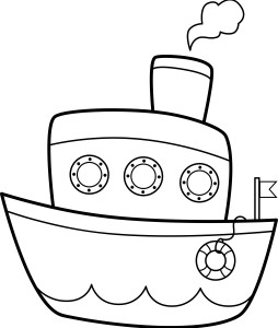 Раскраска игрушечный кораблик с иллюминаторами и паром из трубы