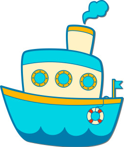 Раскрашенная картинка: игрушечный кораблик с иллюминаторами и паром из трубы