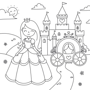 Раскраска принцесса Ариэль с каретой возле замка