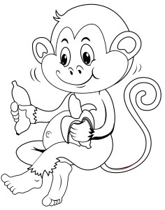 Раскраска обезьянка сидит с двумя бананами в руках