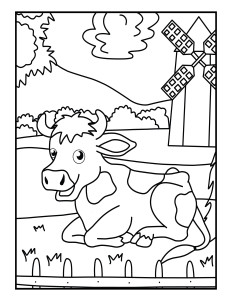 Раскраска корова лежит на траве на фоне мельницы