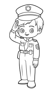 Раскраска мальчик полицейский в фуражке с поднятой рукой
