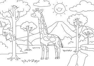 Раскраска жираф в лесу на фоне гор
